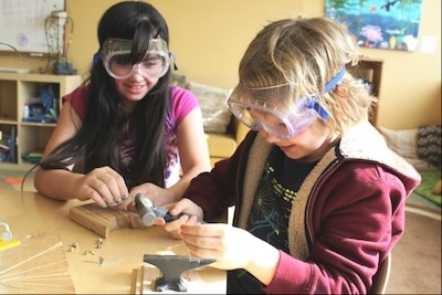 Elementary School Campers Building A Birdhouse